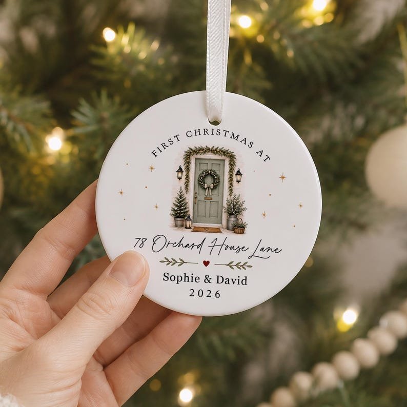 Personalised First Christmas in New Home Decoration, Road Name & Door Colour First Home Family Bauble Ornament Keepsake CERAMIC11