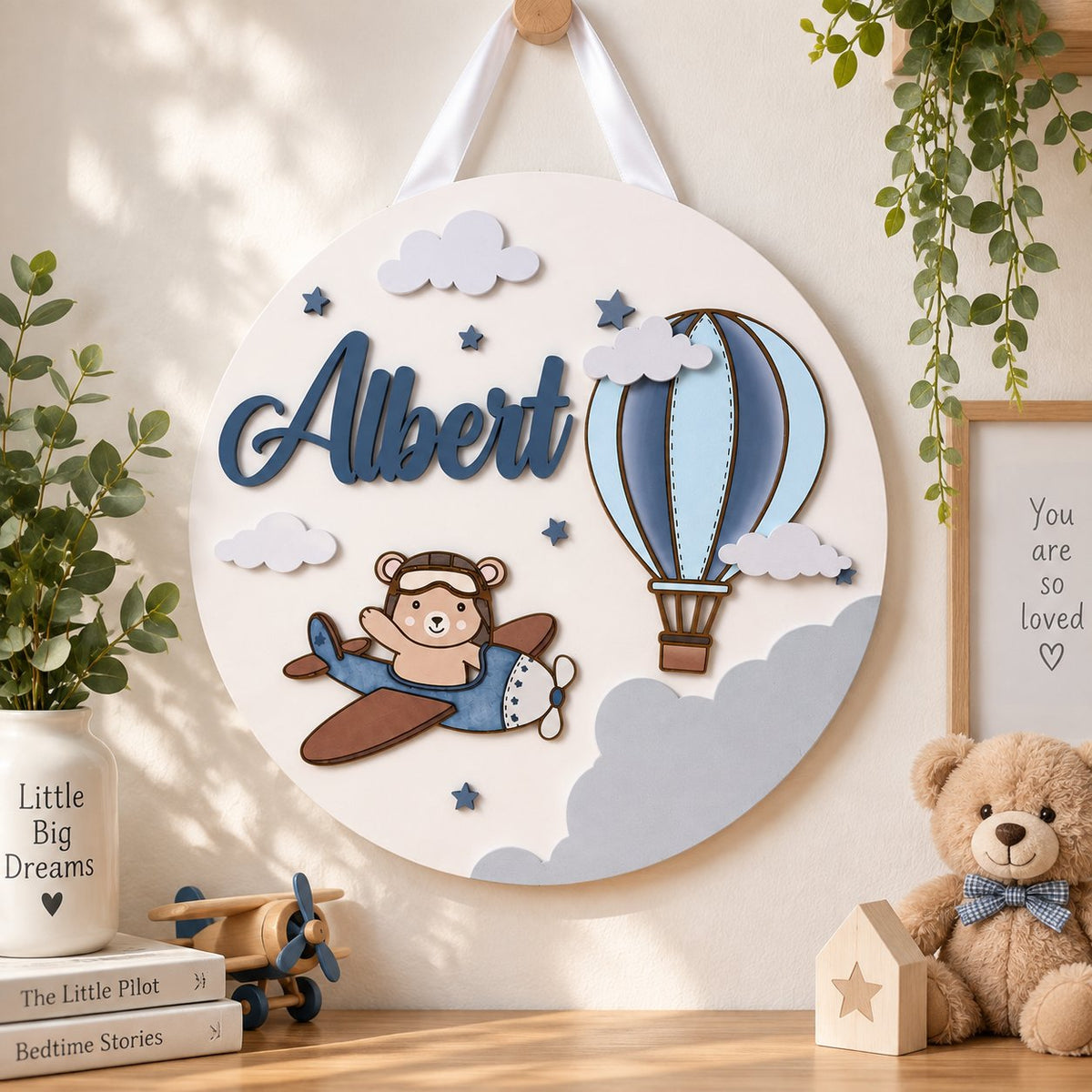 Personalized Airplane Bear Wooden Sign, Custom Boy Name Door Sign, Aviation Nursery Decor, Baby Boy Room Wall Art WOODKID05