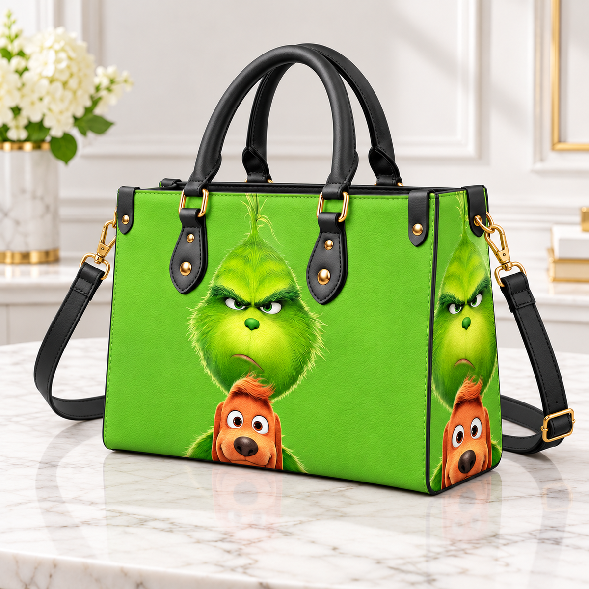 Grinch And Dog Pattern Leather Handbag, Grinch Christmas Leather Tote Bag, Grinch Wallet Purse, Grinch Lover Gift, Christmas Bag GBAG13