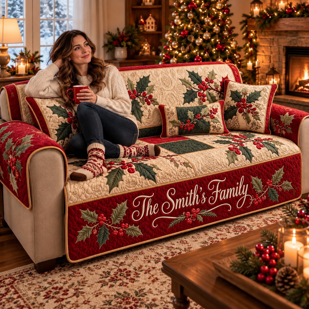 Personalized Christmas Holly Berry Quilted Sofa Cover, Christmas Pattern Sofa Cover, Patchwork Couch Throw, Sofa Protector, Holiday Sofa Decor QUILTSOFA10