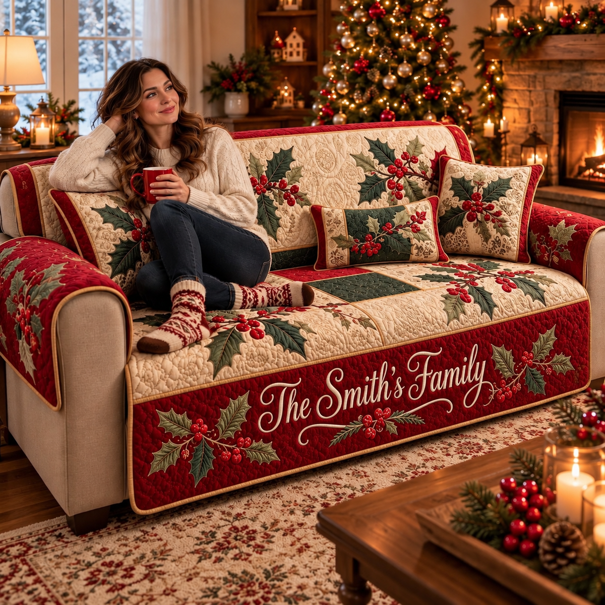 Personalized Christmas Holly Berry Quilted Sofa Cover, Christmas Pattern Sofa Cover, Patchwork Couch Throw, Sofa Protector, Holiday Sofa Decor QUILTSOFA10