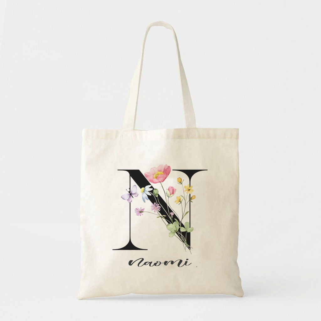 Personalized Flower Alphabet Tote Bag, Custom Initial Canvas Bag with Name, Floral Letter Shopper, Gift for Women, Bridesmaid, Best Friend