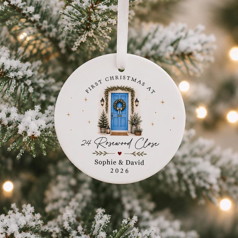 Personalised First Christmas in New Home Decoration, Road Name & Door Colour First Home Family Bauble Ornament Keepsake CERAMIC11