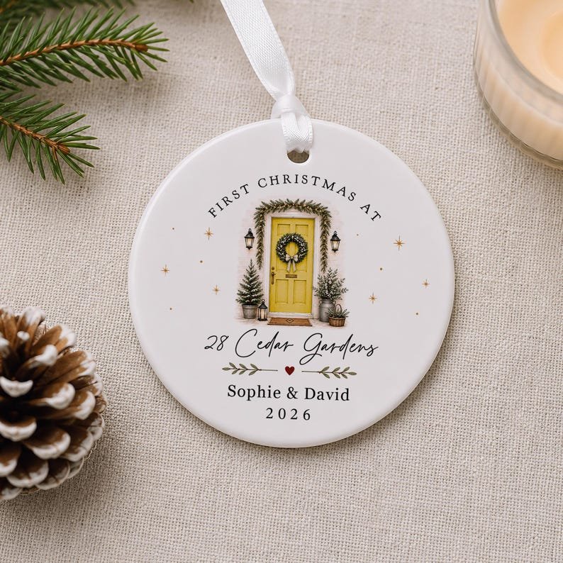 Personalised First Christmas in New Home Decoration, Road Name & Door Colour First Home Family Bauble Ornament Keepsake CERAMIC11