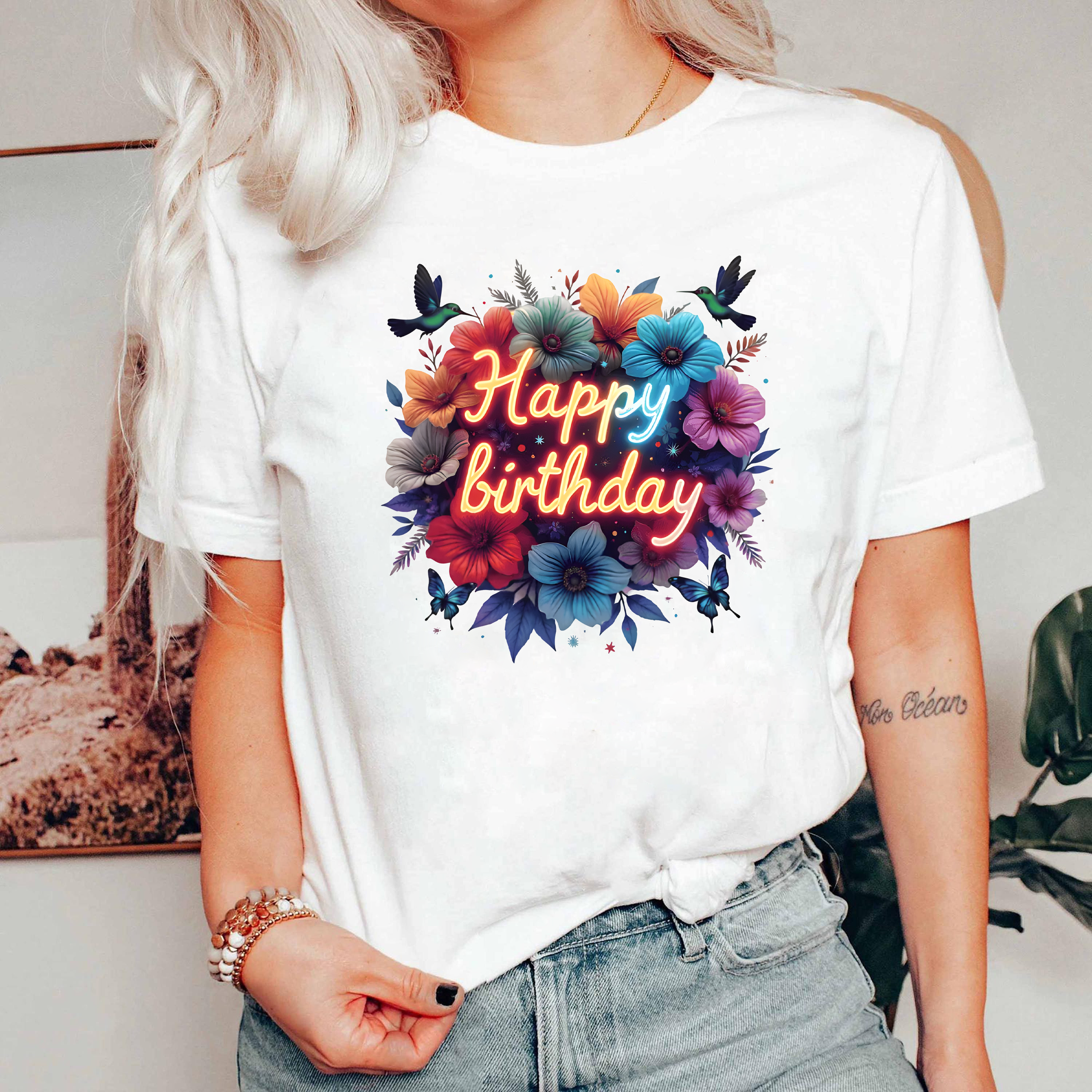Happy Birthday Shirt, Colorful Neon Floral Tee, Birthday Gift T-Shirt, Party Flower Shirt, Fun Celebration Graphic Tee