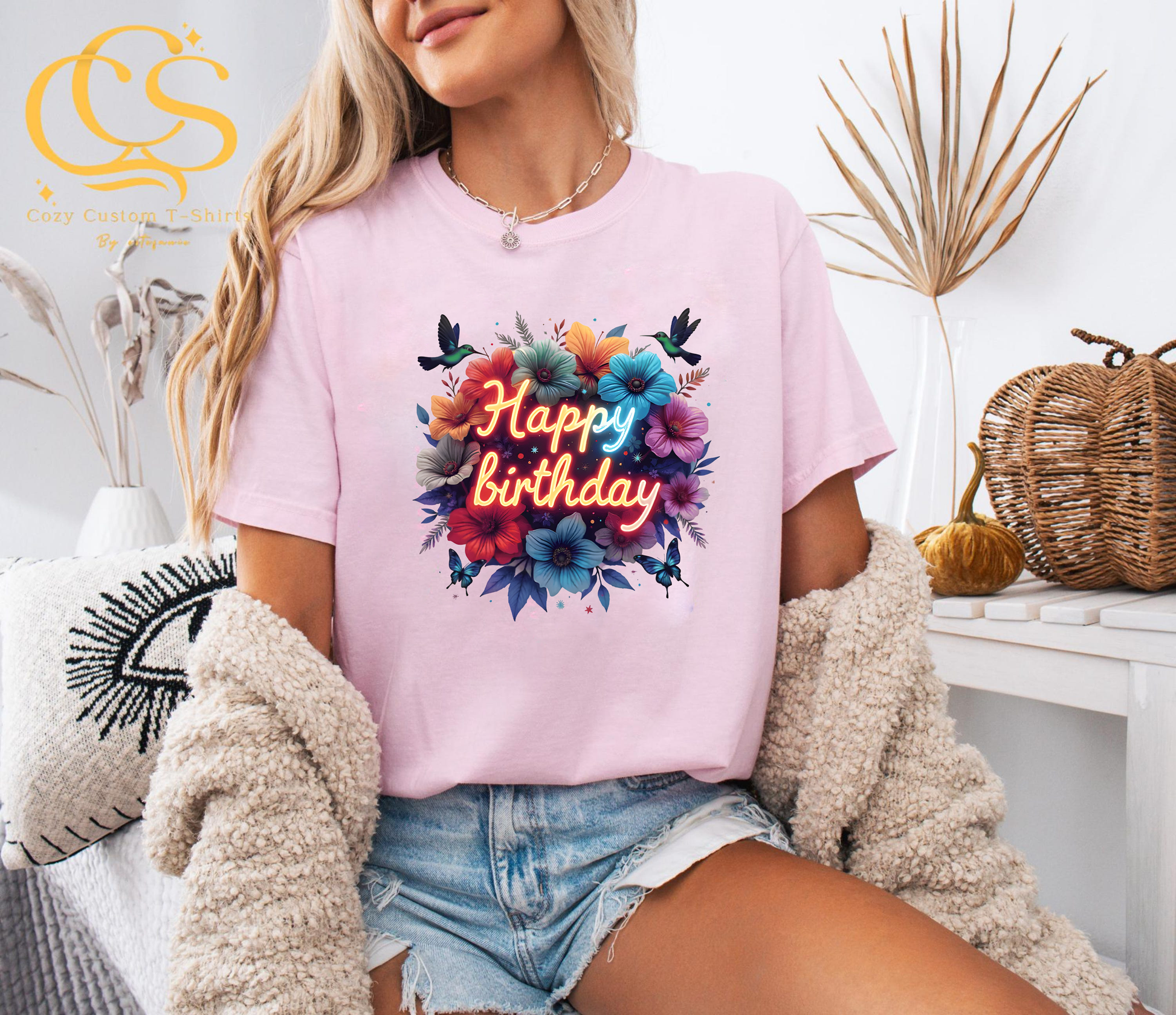 Happy Birthday Shirt, Colorful Neon Floral Tee, Birthday Gift T-Shirt, Party Flower Shirt, Fun Celebration Graphic Tee