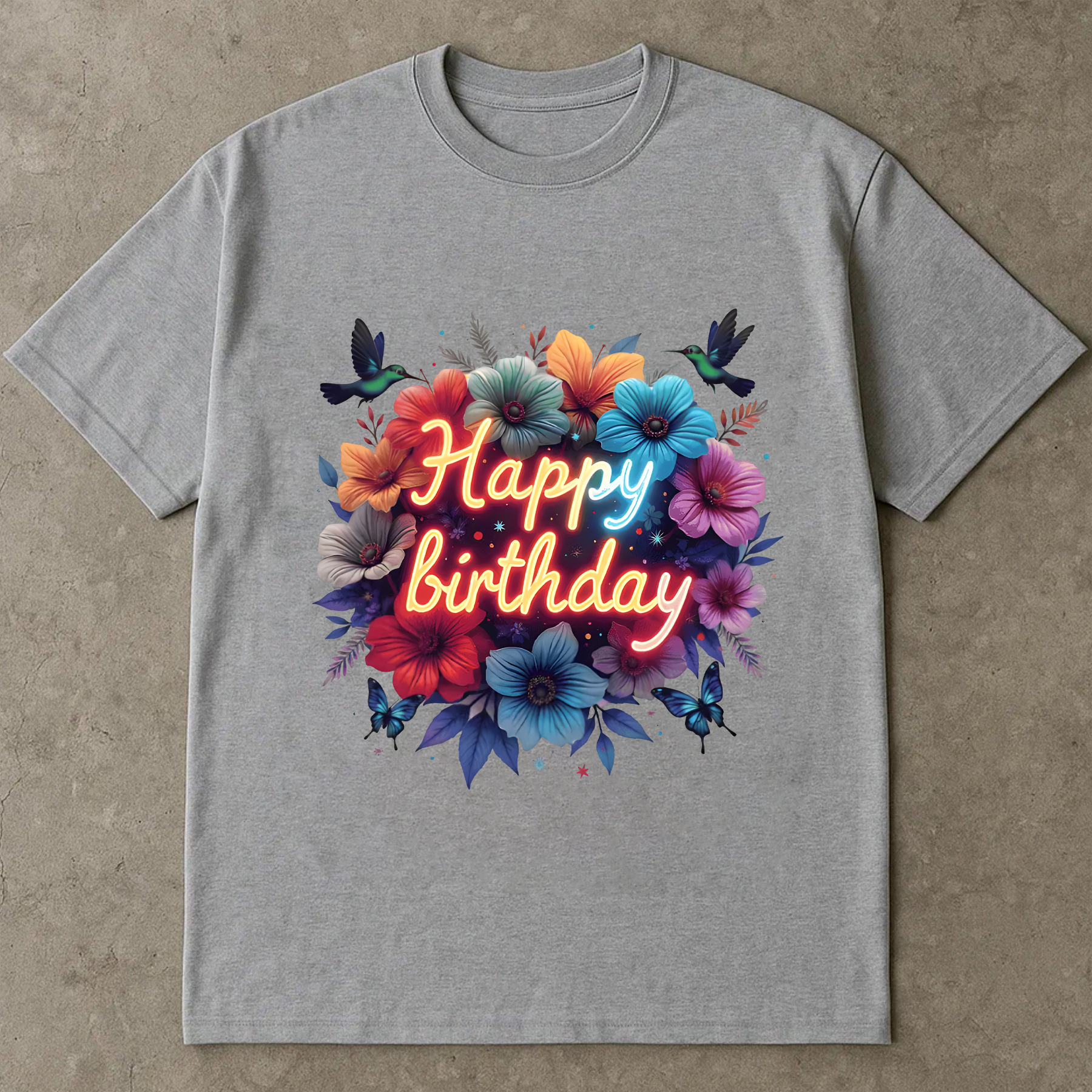 Happy Birthday Shirt, Colorful Neon Floral Tee, Birthday Gift T-Shirt, Party Flower Shirt, Fun Celebration Graphic Tee