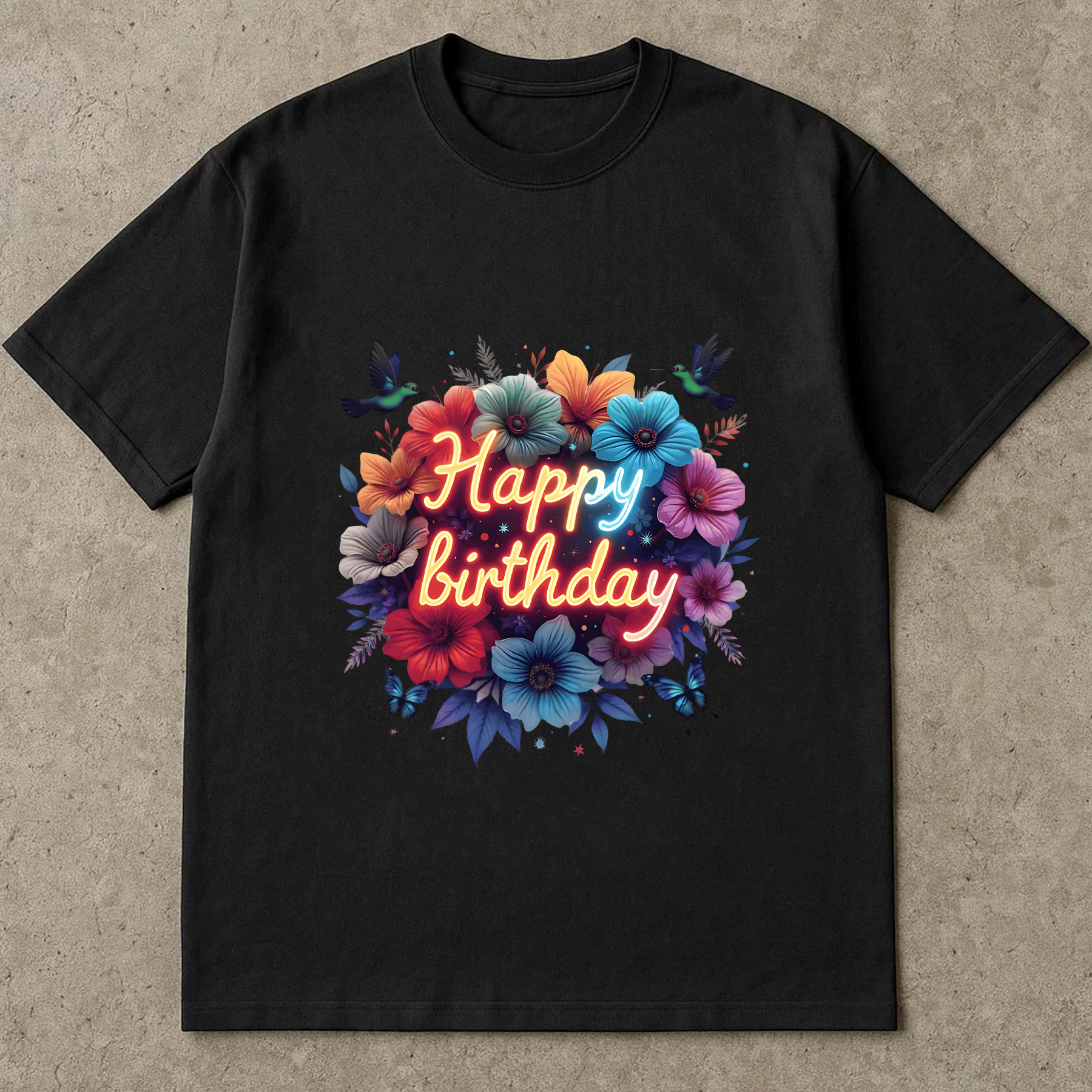 Happy Birthday Shirt, Colorful Neon Floral Tee, Birthday Gift T-Shirt, Party Flower Shirt, Fun Celebration Graphic Tee