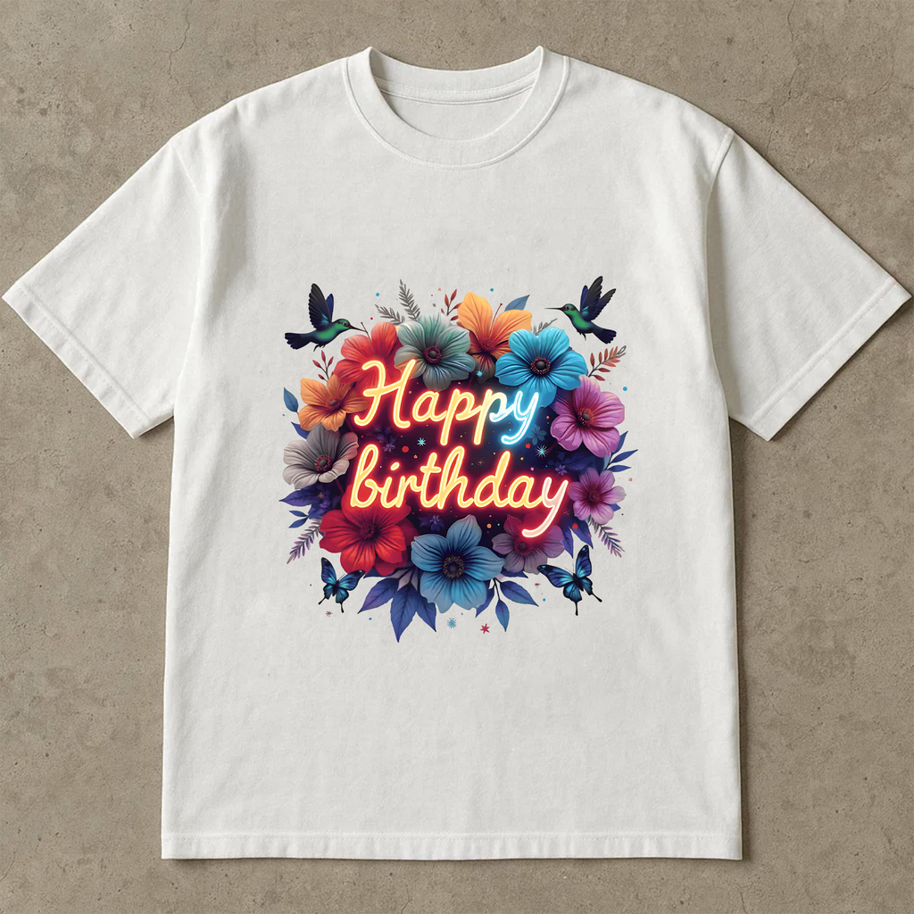 Happy Birthday Shirt, Colorful Neon Floral Tee, Birthday Gift T-Shirt, Party Flower Shirt, Fun Celebration Graphic Tee