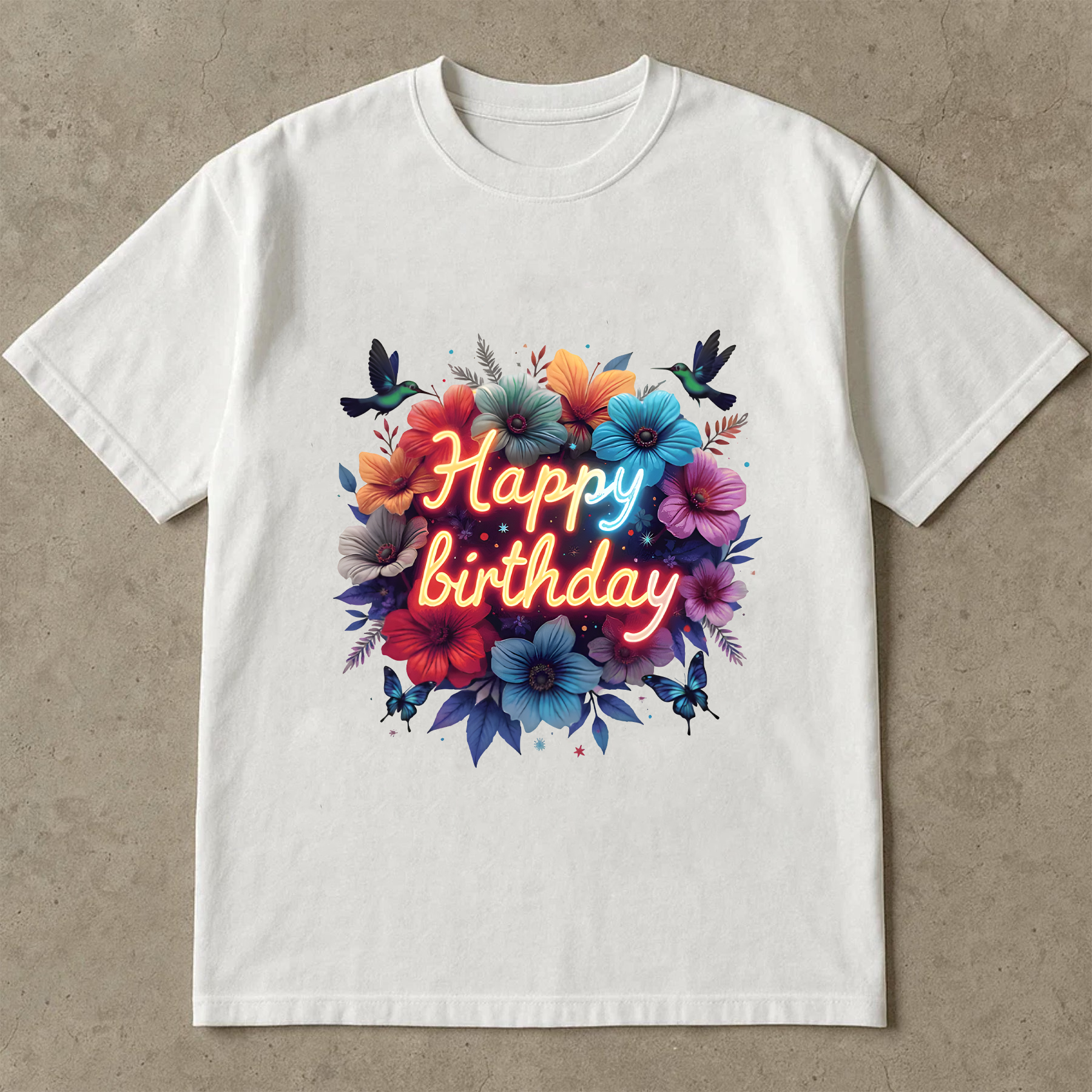 Happy Birthday Shirt, Colorful Neon Floral Tee, Birthday Gift T-Shirt, Party Flower Shirt, Fun Celebration Graphic Tee