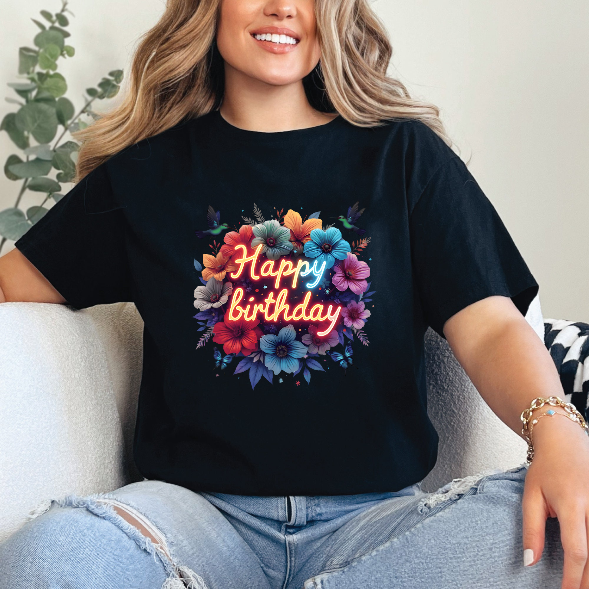 Happy Birthday Shirt, Colorful Neon Floral Tee, Birthday Gift T-Shirt, Party Flower Shirt, Fun Celebration Graphic Tee