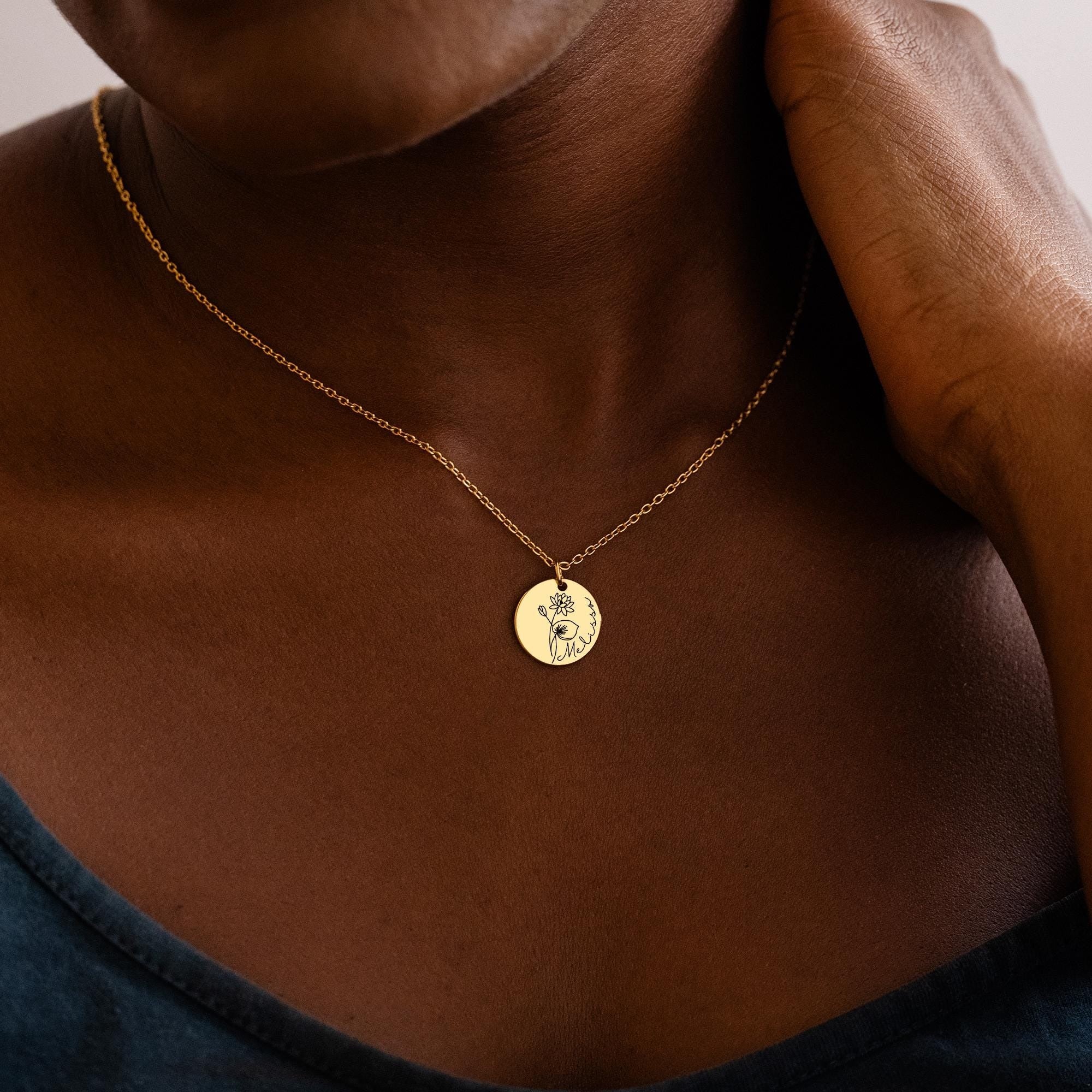 Personalized Birth Flower Necklace with Name, Engraved Floral Necklace, Valentines Days, Necklaces For Women, Birthday Gift, Gift for Her