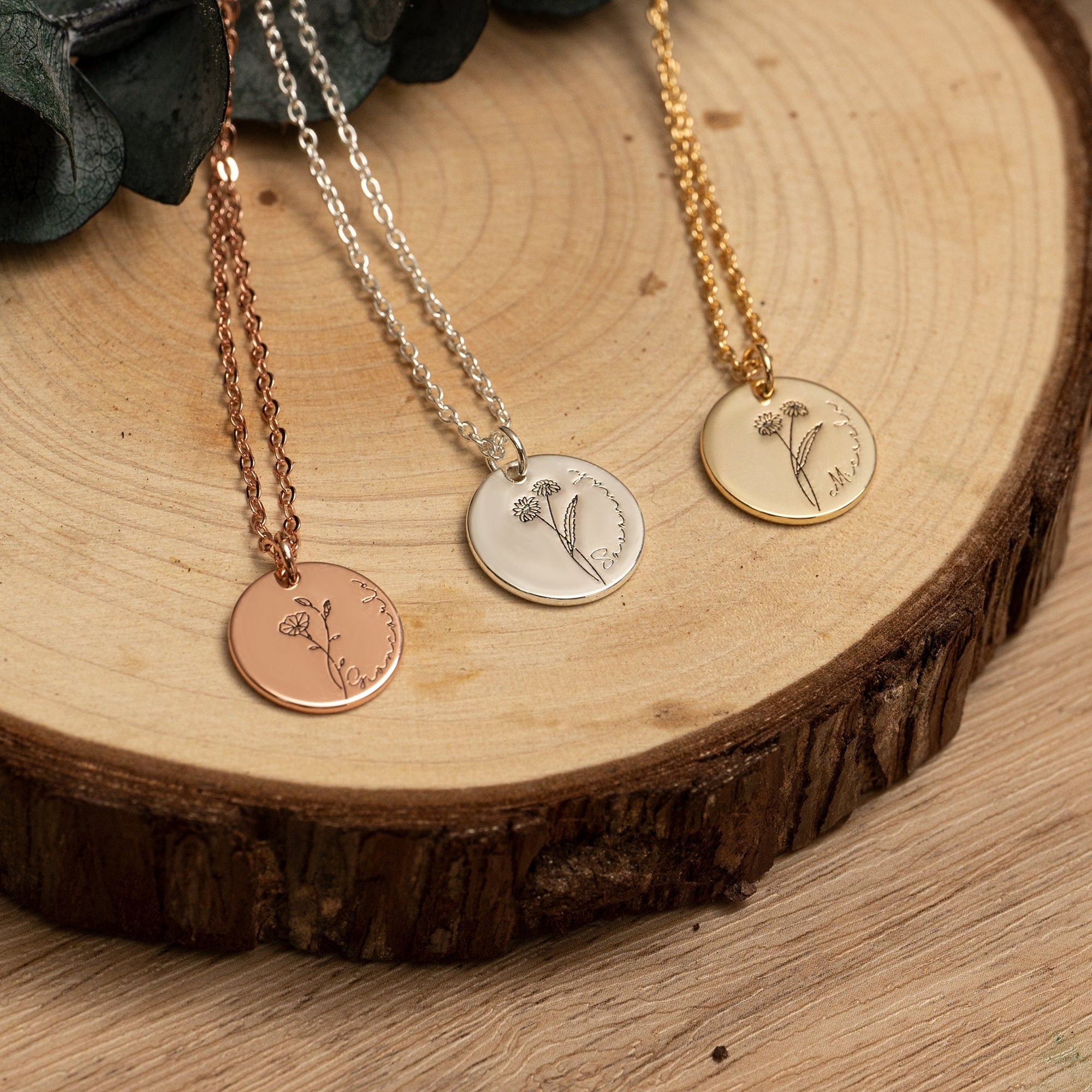Personalized Birth Flower Necklace with Name, Engraved Floral Necklace, Valentines Days, Necklaces For Women, Birthday Gift, Gift for Her