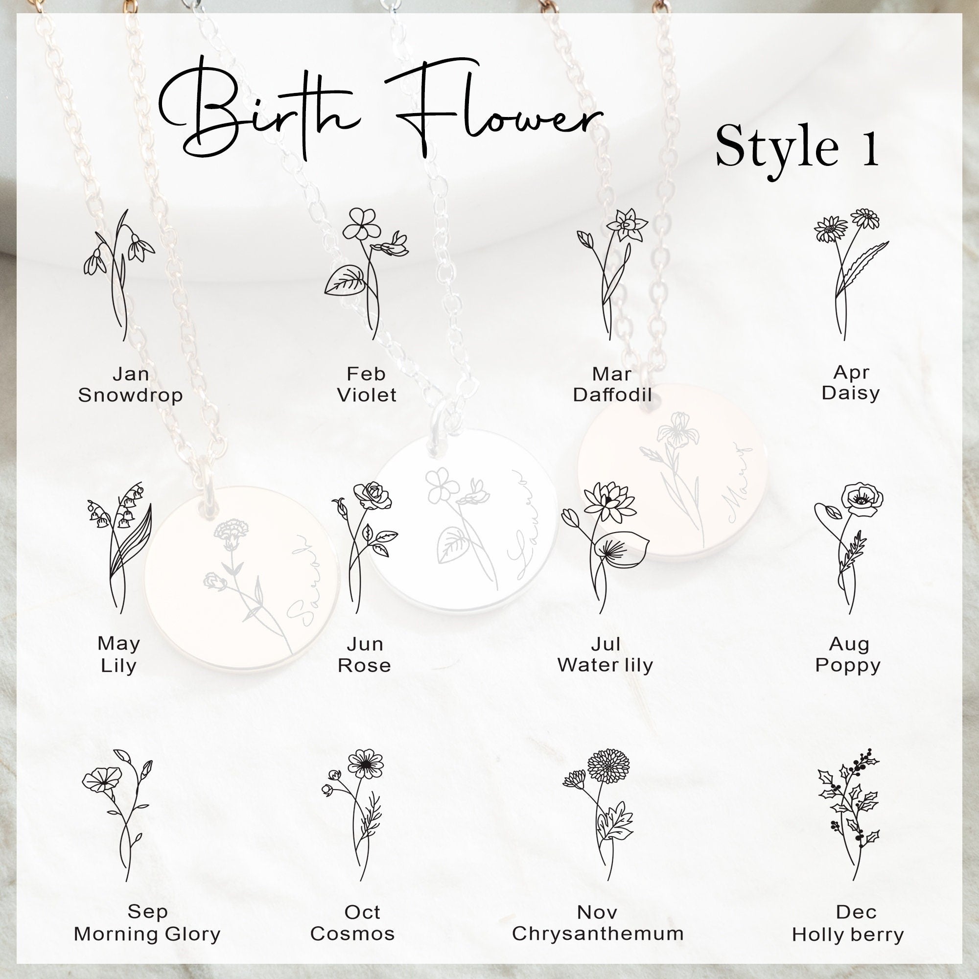 Personalized Birth Flower Necklace with Name, Engraved Floral Necklace, Valentines Days, Necklaces For Women, Birthday Gift, Gift for Her