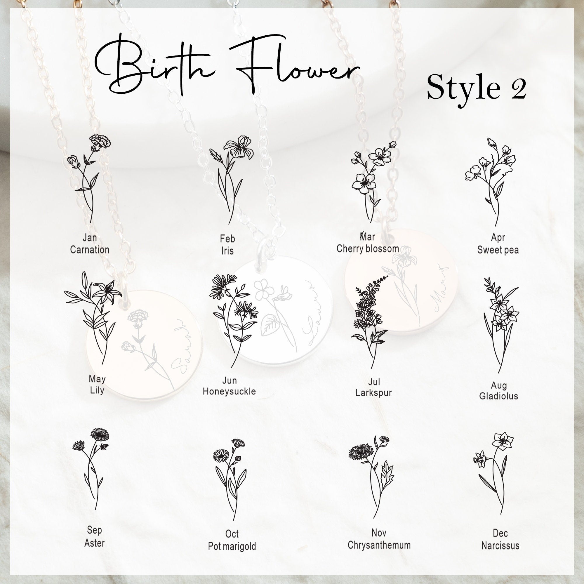 Personalized Birth Flower Necklace with Name, Engraved Floral Necklace, Valentines Days, Necklaces For Women, Birthday Gift, Gift for Her