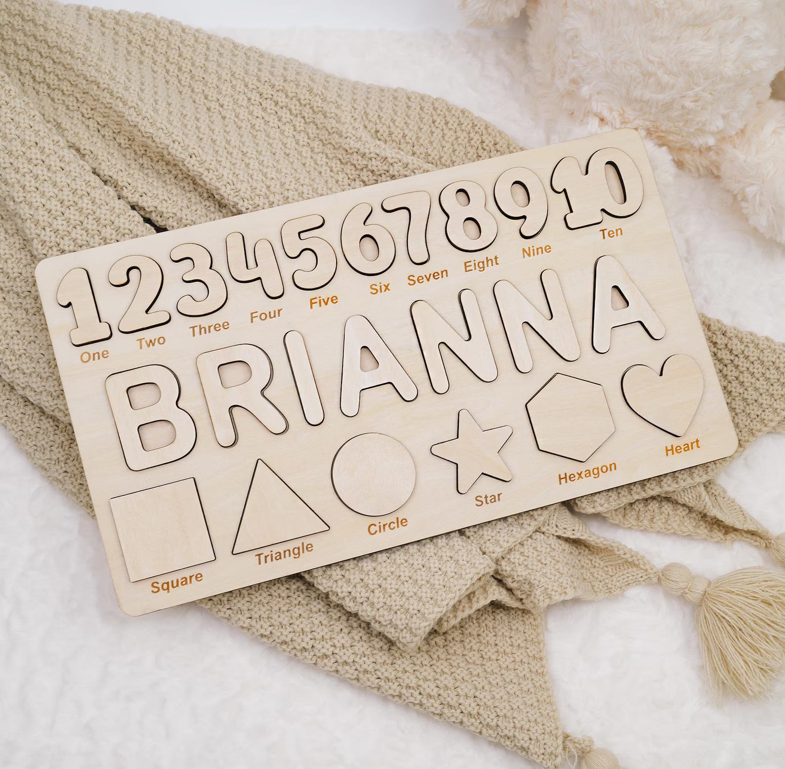 Personalized Wooden Name Puzzle Gift for Boys & Girls, Custom Baby Gifts Name Puzzle with Numbers, Geometry Shapes, Back Engraving. NPPETAL1