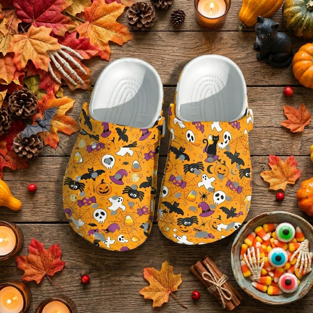 Halloween Pattern Clogs – Cute Spooky Fall Shoes for Kids & Adults. Happy Halloween Ghost Pumpkin. CLPETAL07