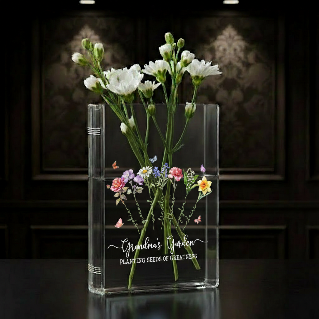Custom Grandma's Garden Birth Month Flower Book Vase – Personalized Garden Flower Vase, Perfect Mother's Day Gift for Nana with Family Name