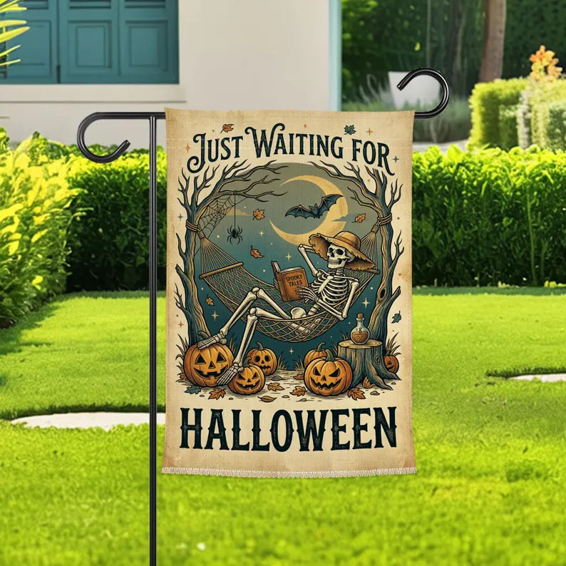 Just Waiting For Halloween Garden Flag, Skeleton Hammock Yard Flag, Spooky Pumpkin Halloween Decor, Witchy Fall Porch Flag. HLWGFPETAL12