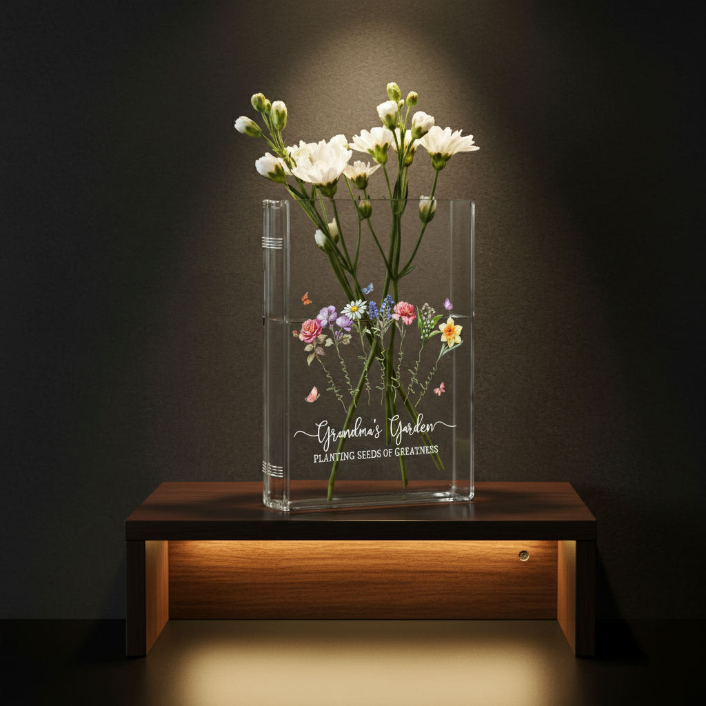 Custom Grandma's Garden Birth Month Flower Book Vase – Personalized Garden Flower Vase, Perfect Mother's Day Gift for Nana with Family Name