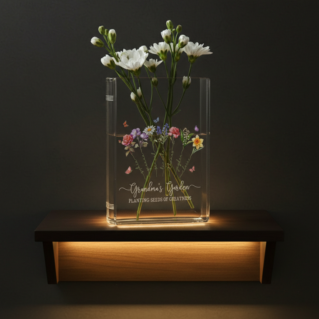 Custom Grandma's Garden Birth Month Flower Book Vase – Personalized Garden Flower Vase, Perfect Mother's Day Gift for Nana with Family Name