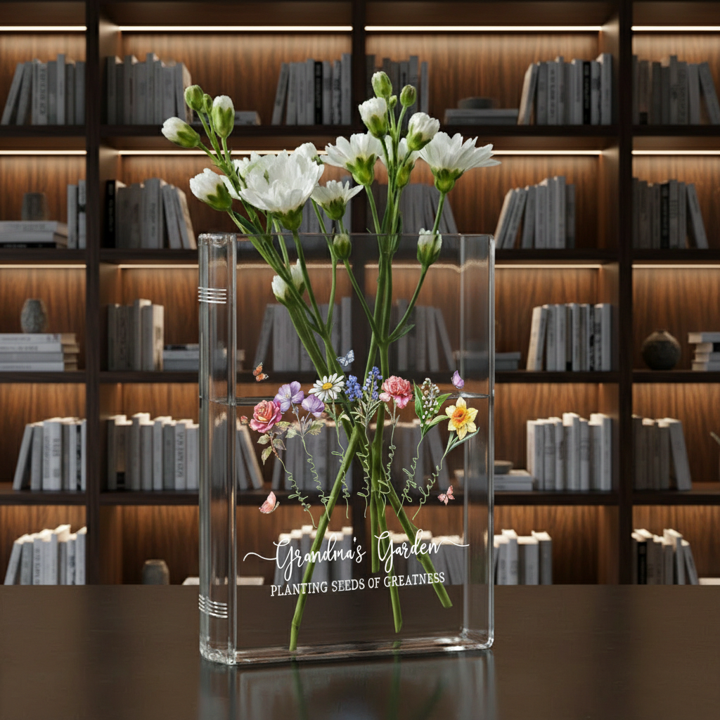 Custom Grandma's Garden Birth Month Flower Book Vase – Personalized Garden Flower Vase, Perfect Mother's Day Gift for Nana with Family Name