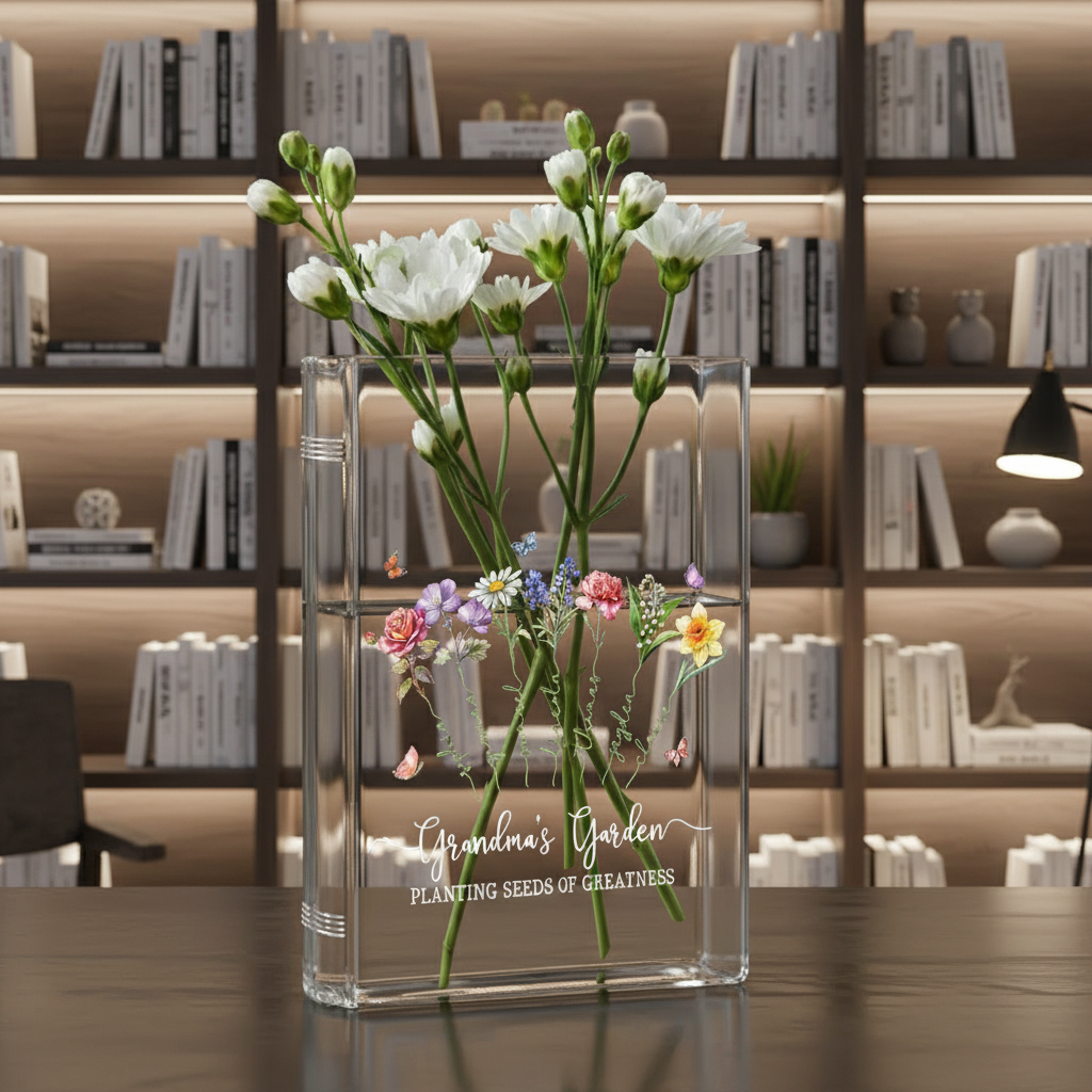 Custom Grandma's Garden Birth Month Flower Book Vase – Personalized Garden Flower Vase, Perfect Mother's Day Gift for Nana with Family Name