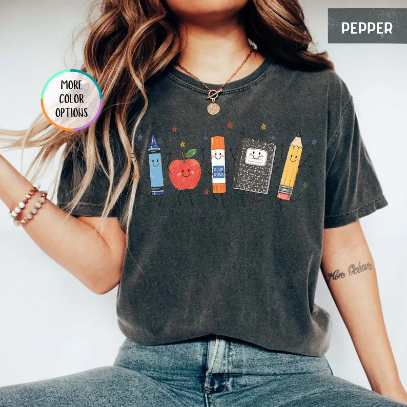 Comfort Colors® Funny Teacher Life Shirt, Back To School Gift, Preschool Teacher School Supplies T-shirt, Crayon Apple Pencil Notebook Shirt. SPETAL3