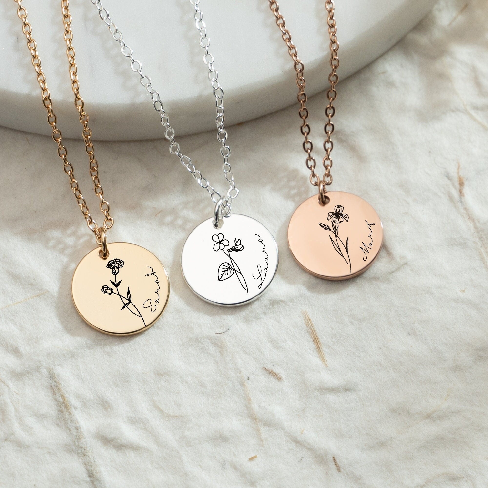 Personalized Birth Flower Necklace with Name, Engraved Floral Necklace, Valentines Days, Necklaces For Women, Birthday Gift, Gift for Her