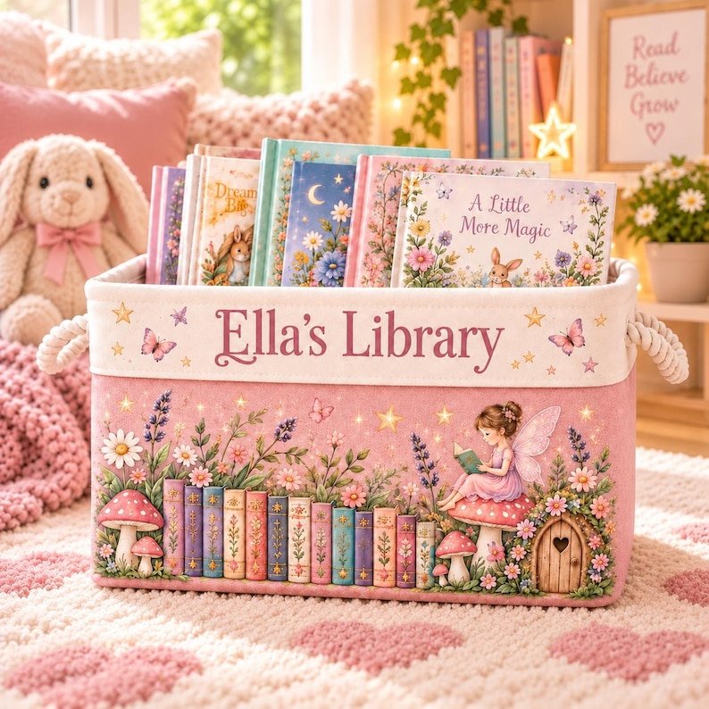 Personalized Fairy Book Basket for Girls, Custom Name Kids Library Storage Bin, Magical Reading Nook Organizer, Princess Nursery Decor BBPETAL23