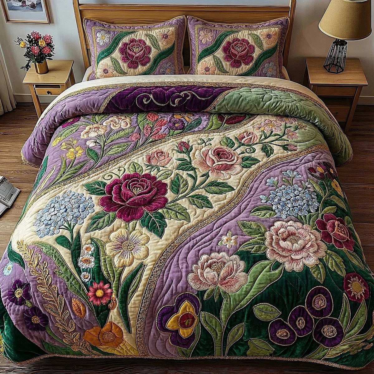 Summer Flower Quilted Bedding Set, Rose Patchwork Bedspread with Pillowcases, Festive Winter Bedroom Decor, Bedding Decor PTBED46