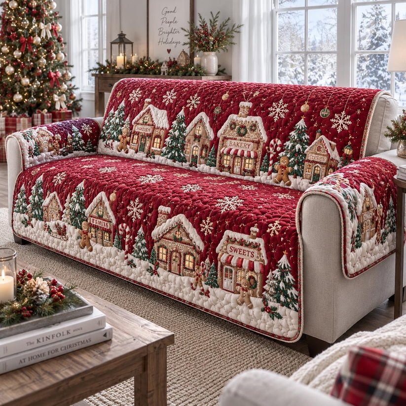 Personalized Gingerbread Village Quilted Sofa Cover, Christmas Village Pattern Sofa Cover, Patchwork Couch Throw, Sofa Protector, Holiday Sofa Decor QUILTSOFA11