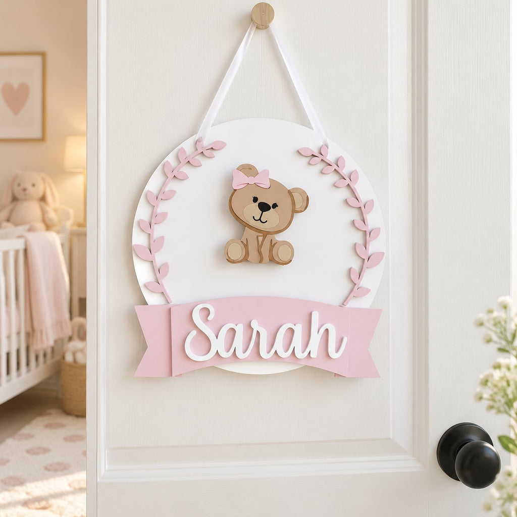 Personalized Teddy Bear Wooden Sign, Custom Baby Girl Name Door Hanger, Pink Nursery Decor, Baby Shower Gift WOODKID10