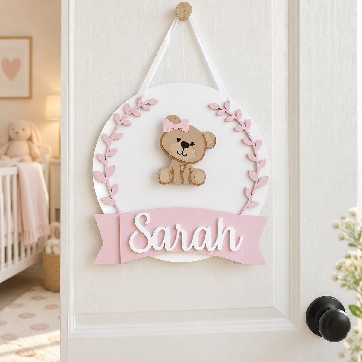 Personalized Teddy Bear Wooden Sign, Custom Baby Girl Name Door Hanger, Pink Nursery Decor, Baby Shower Gift WOODKID10