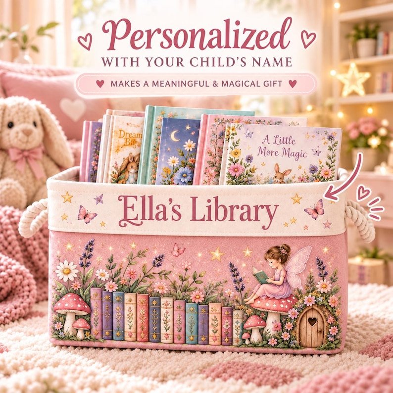 Personalized Fairy Book Basket for Girls, Custom Name Kids Library Storage Bin, Magical Reading Nook Organizer, Princess Nursery Decor BBPETAL23