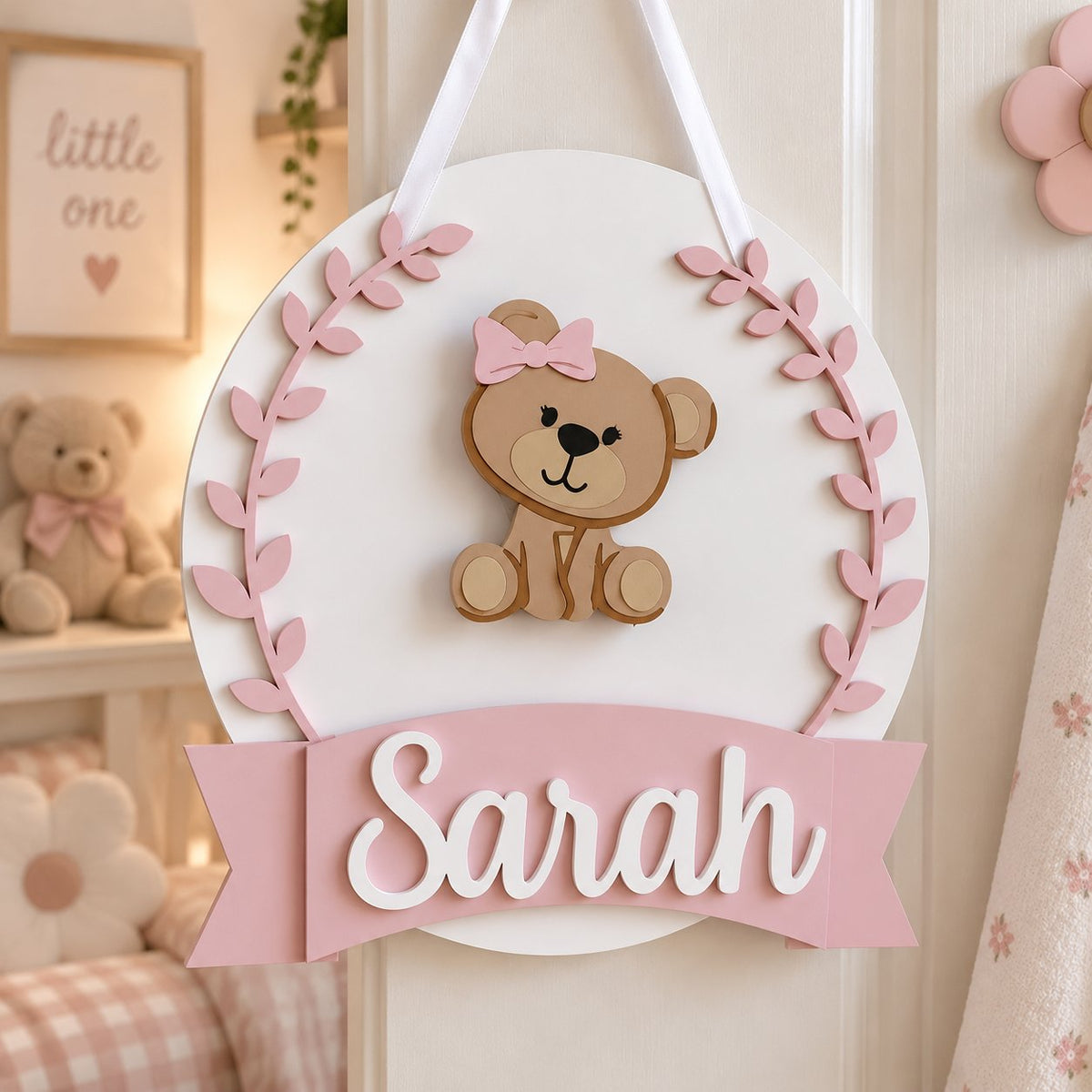 Personalized Teddy Bear Wooden Sign, Custom Baby Girl Name Door Hanger, Pink Nursery Decor, Baby Shower Gift WOODKID10