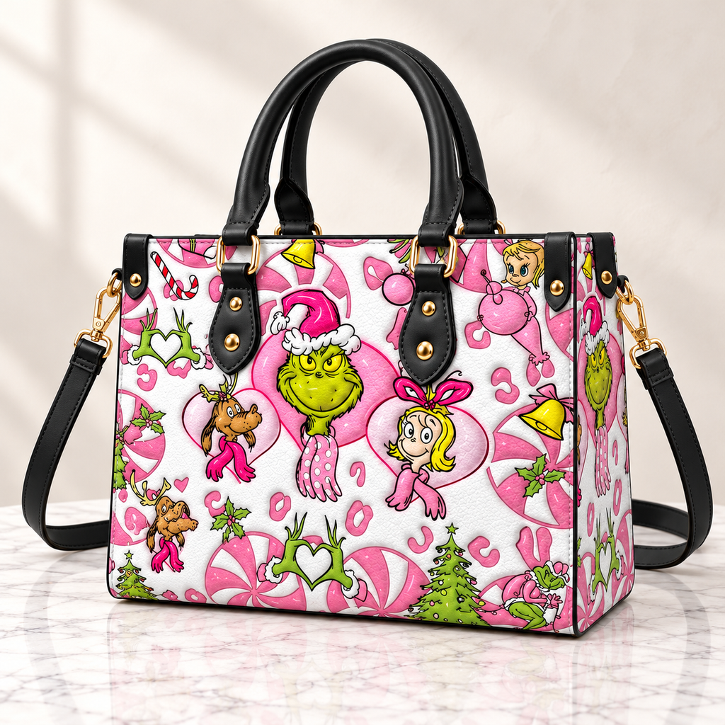 Grinch And Friends Pattern Leather Handbag, Grinch Christmas Leather Tote Bag, Grinch Wallet Purse, Grinch Lover Gift, Christmas Bag GBAG14