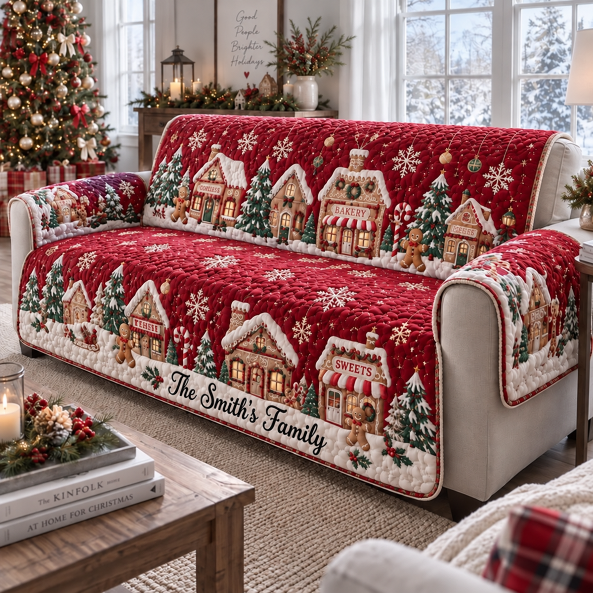 Personalized Gingerbread Village Quilted Sofa Cover, Christmas Village Pattern Sofa Cover, Patchwork Couch Throw, Sofa Protector, Holiday Sofa Decor QUILTSOFA11