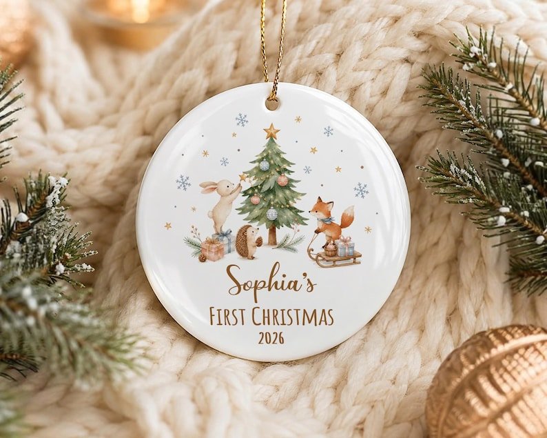 Personalized Baby’s First Christmas Ceramic Ornament 2026 – Woodland Animal Keepsake CERAMIC12