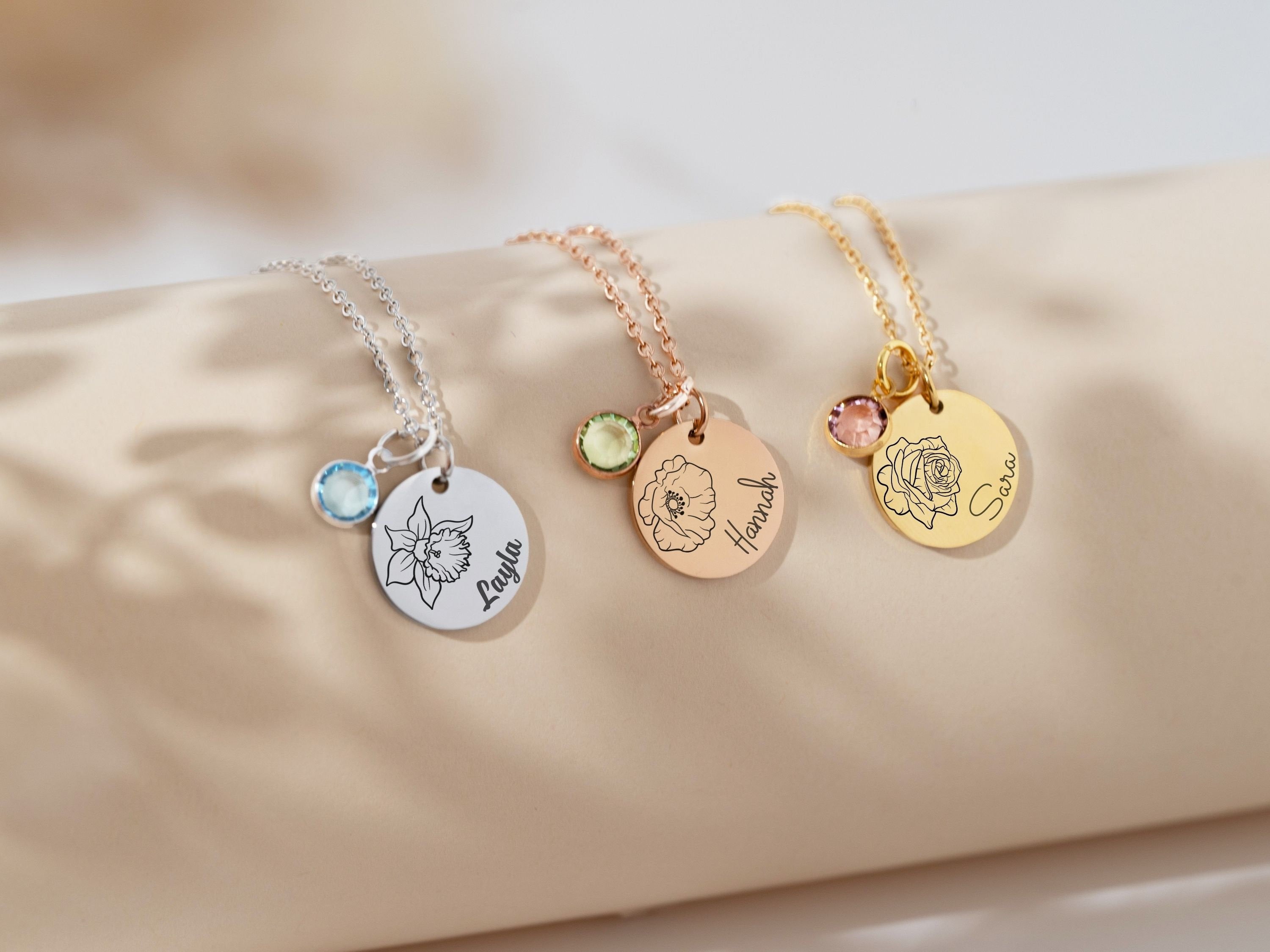Birth Flower Birthstone Necklace, Women Girl Gift for Wedding, Personalized Gift for Bridesmaids, Handmade Jewelry