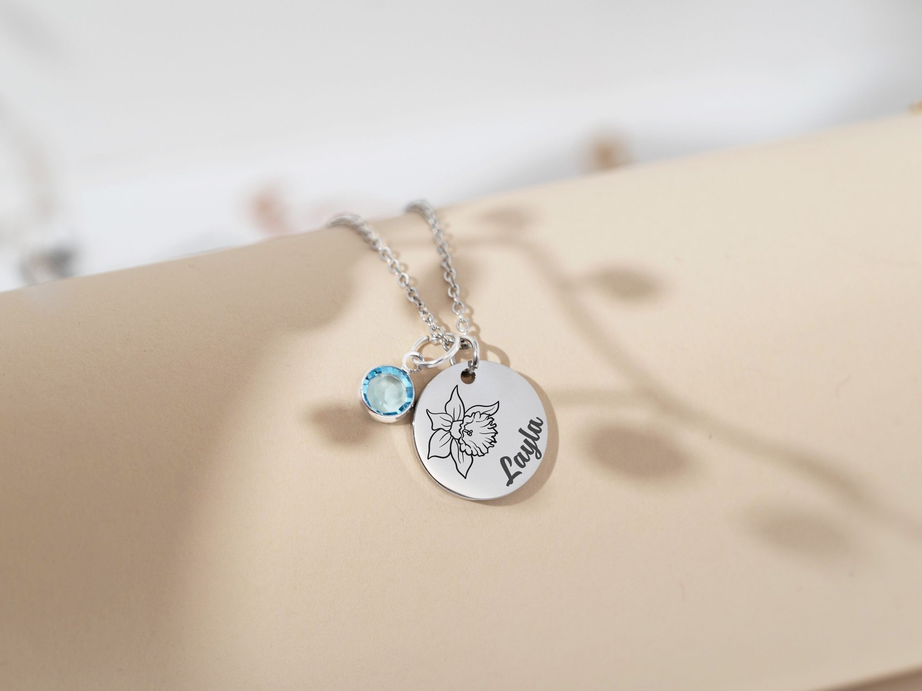 Birth Flower Birthstone Necklace, Women Girl Gift for Wedding, Personalized Gift for Bridesmaids, Handmade Jewelry