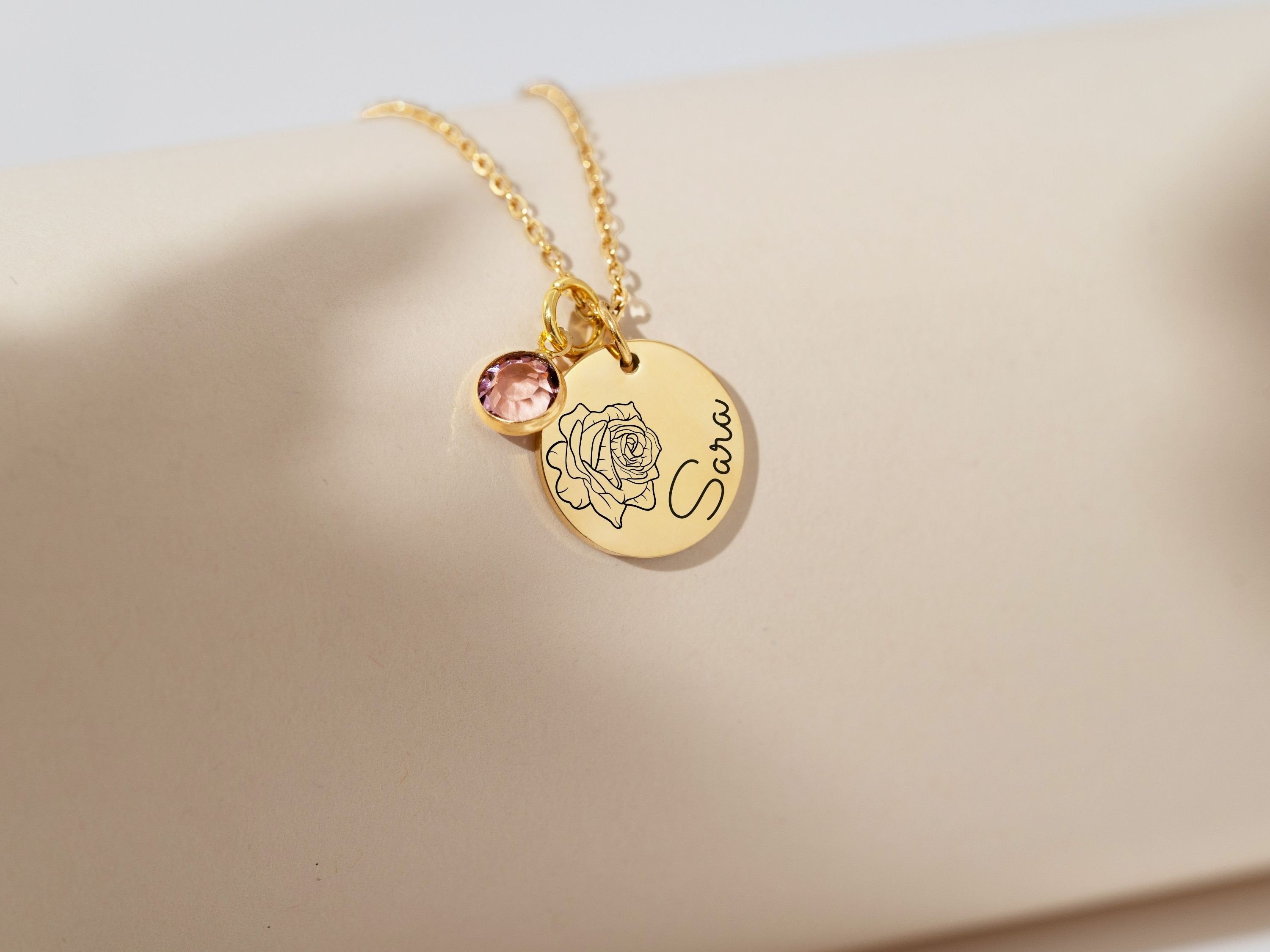 Birth Flower Birthstone Necklace, Women Girl Gift for Wedding, Personalized Gift for Bridesmaids, Handmade Jewelry