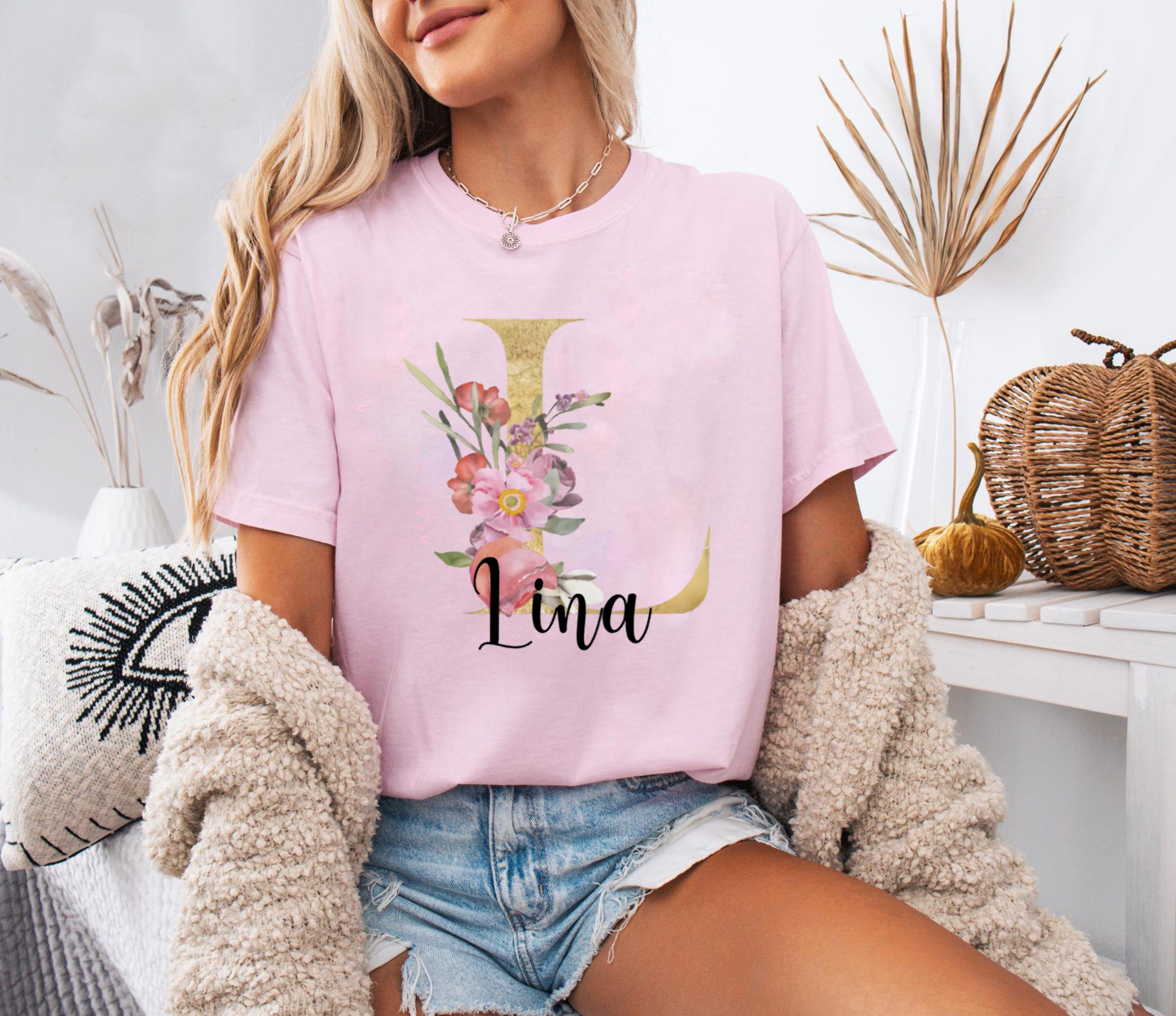 Custom Name Floral Shirt, Personalized Letter Monogram Tee, Gold Initial Name T-Shirt, Custom Gift for Her, Floral Letter Shirt