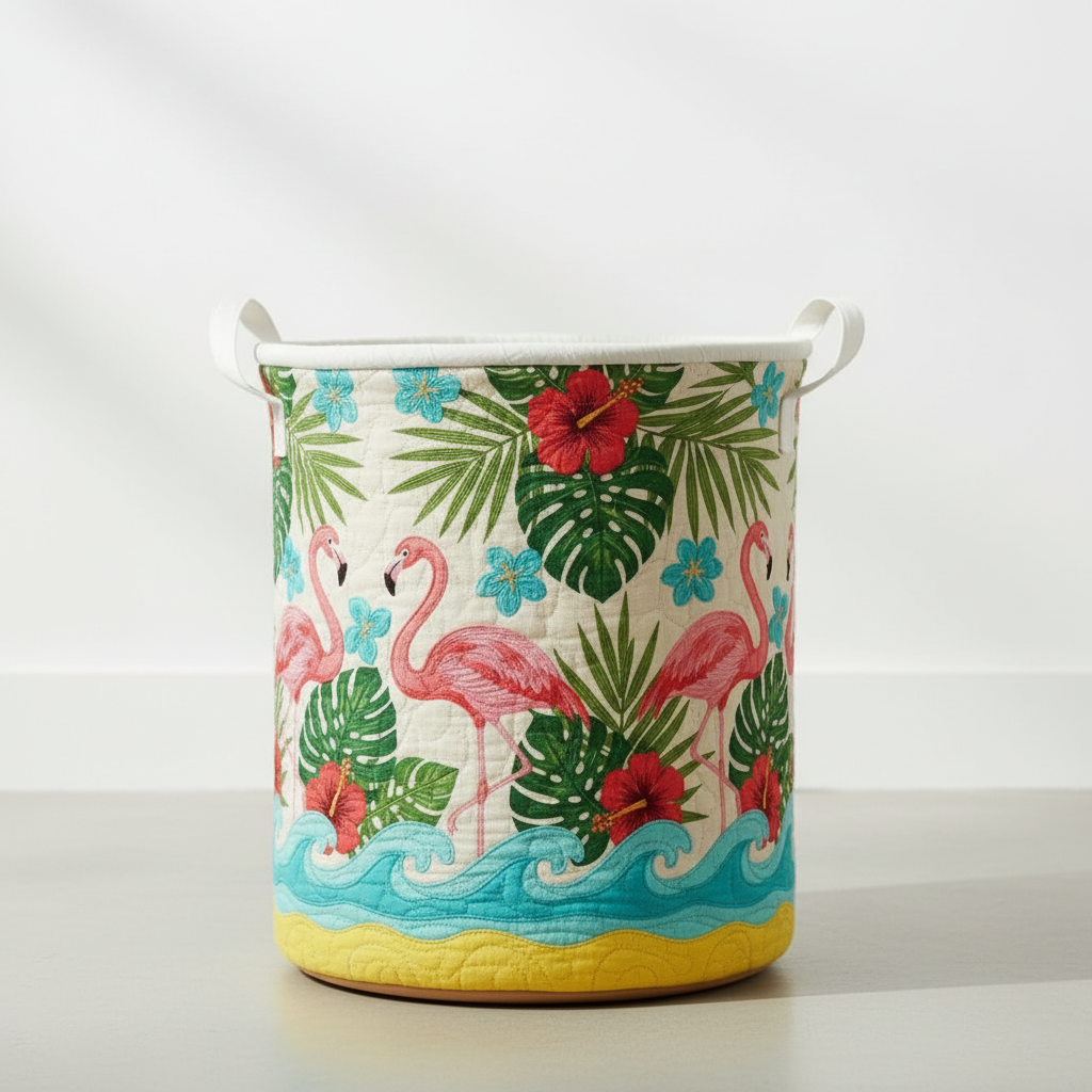 Tropical Flamingo Quilted Laundry Basket – Beach Floral Storage Bin, Summer Fabric Hamper, Kids Room Organizer, Coastal Decor
