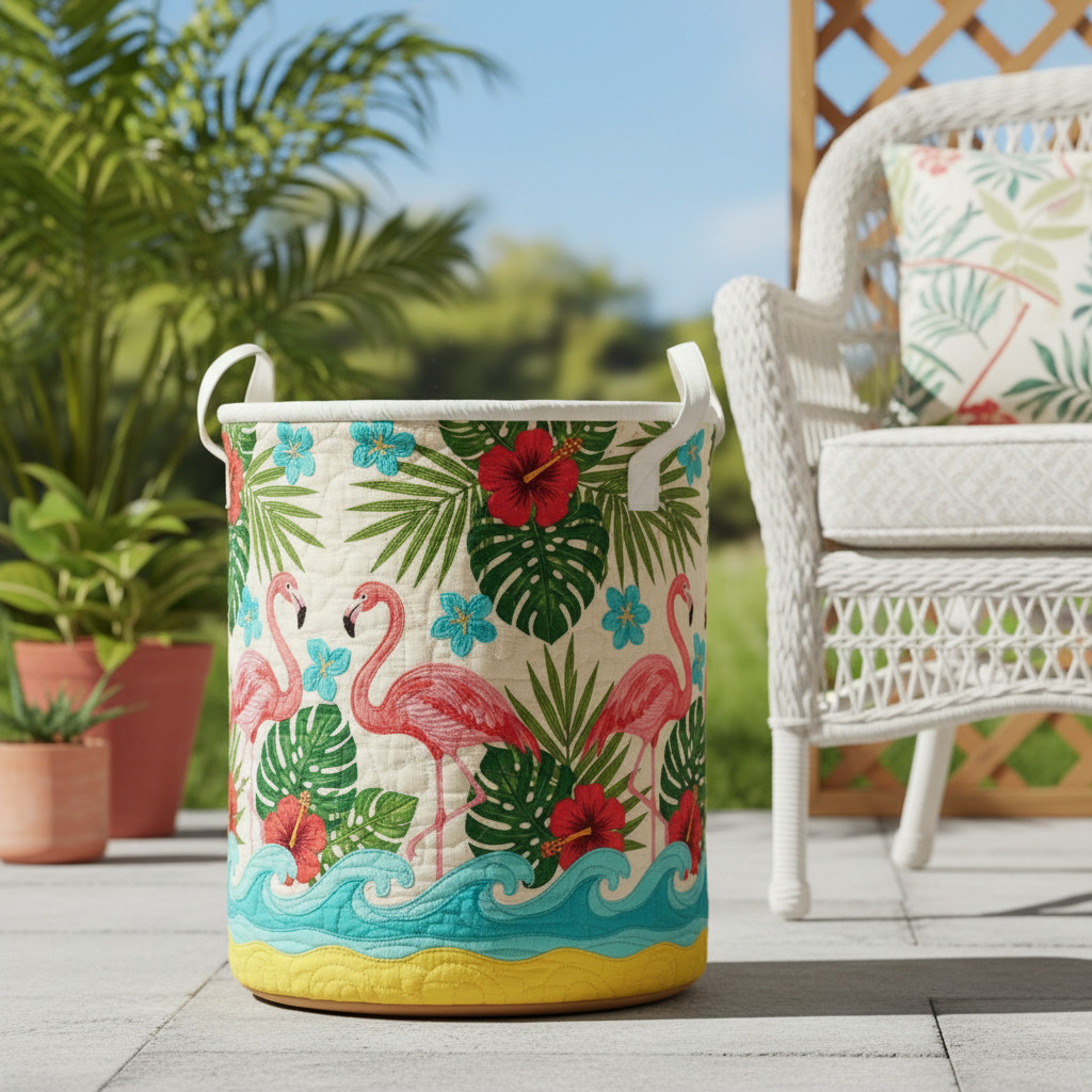 Tropical Flamingo Quilted Laundry Basket – Beach Floral Storage Bin, Summer Fabric Hamper, Kids Room Organizer, Coastal Decor