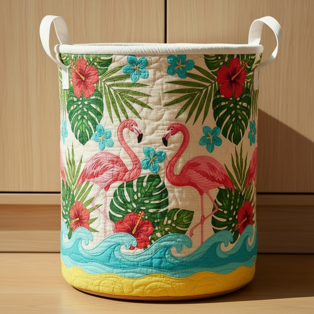 Tropical Flamingo Quilted Laundry Basket – Beach Floral Storage Bin, Summer Fabric Hamper, Kids Room Organizer, Coastal Decor