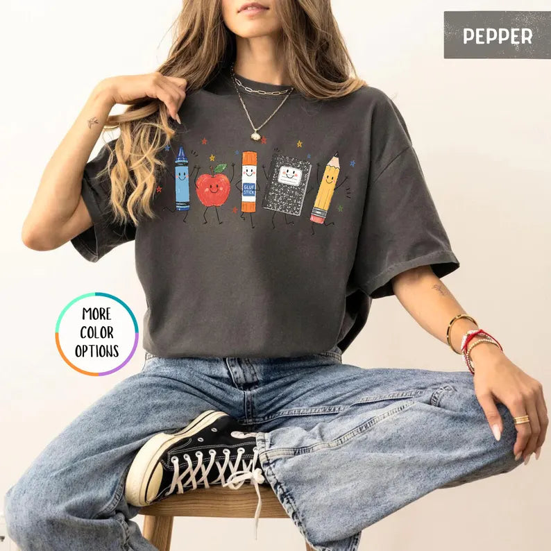 Comfort Colors® Funny Teacher Life Shirt, Back To School Gift, Preschool Teacher School Supplies T-shirt, Crayon Apple Pencil Notebook Shirt. SPETAL3