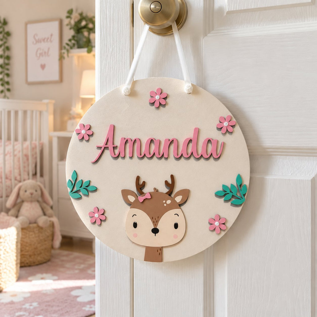 Personalized Deer Wooden Name Sign, Floral Woodland Nursery Door Hanger, Custom Baby Girl Room Decor, Newborn Gift WOODKID11