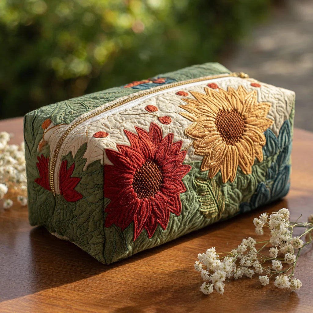 Quilted Autumn Sunflower Makeup Bag, Fall Floral Cosmetic Pouch, Travel Toiletry Organizer – QMBPETAL15
