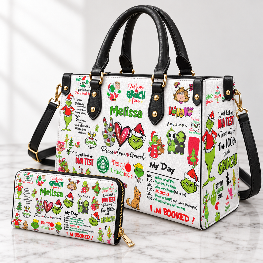 Grinch Pattern Leather Handbag, Grinch Christmas Leather Tote Bag, Grinch Wallet Purse, Grinch Lover Gift, Christmas Bag GBAG15